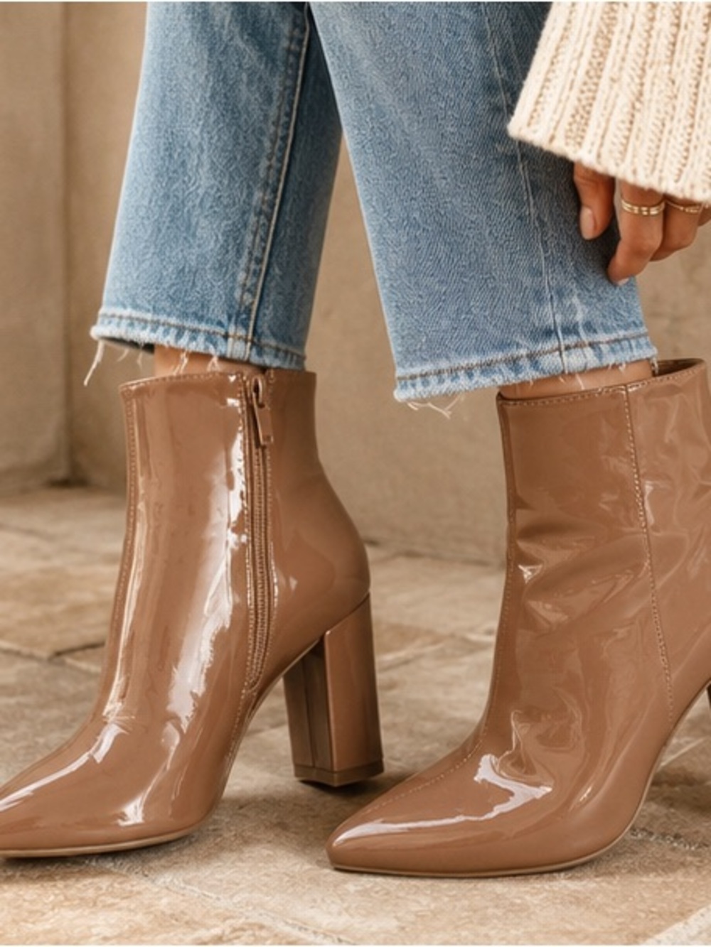 Top Moda Taupe Patent Pointed Toe Block Heel Ankle Boots